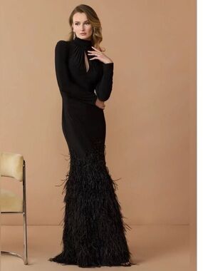 MAC DUGGAL 11839 Black Jersey Long Sleeve High Neck Feather Gown size 16 NWT